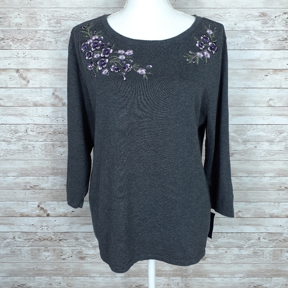 Karen Scott Sweater PXL Floral Gray Purple 398